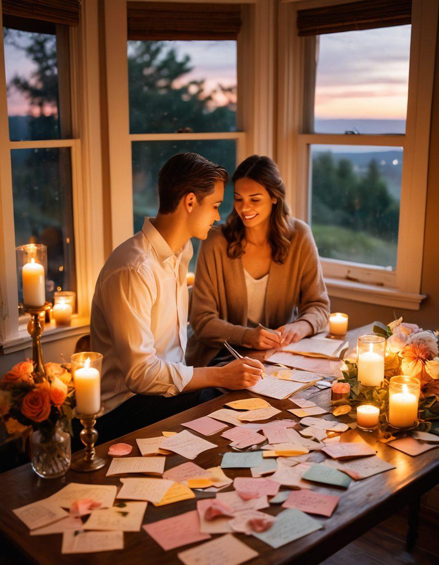A cozy, warm setting featuring a couple sitting at a beautifully set table, surrounded by handwritten love notes and heartfelt letters scattered around. Soft candlelight illuminates their faces as they share intimate stories, with a backdrop of a dreamy sunset outside the window. Include personal mementos like photos and tokens of their journey together. painting. warm colors. soft focus.