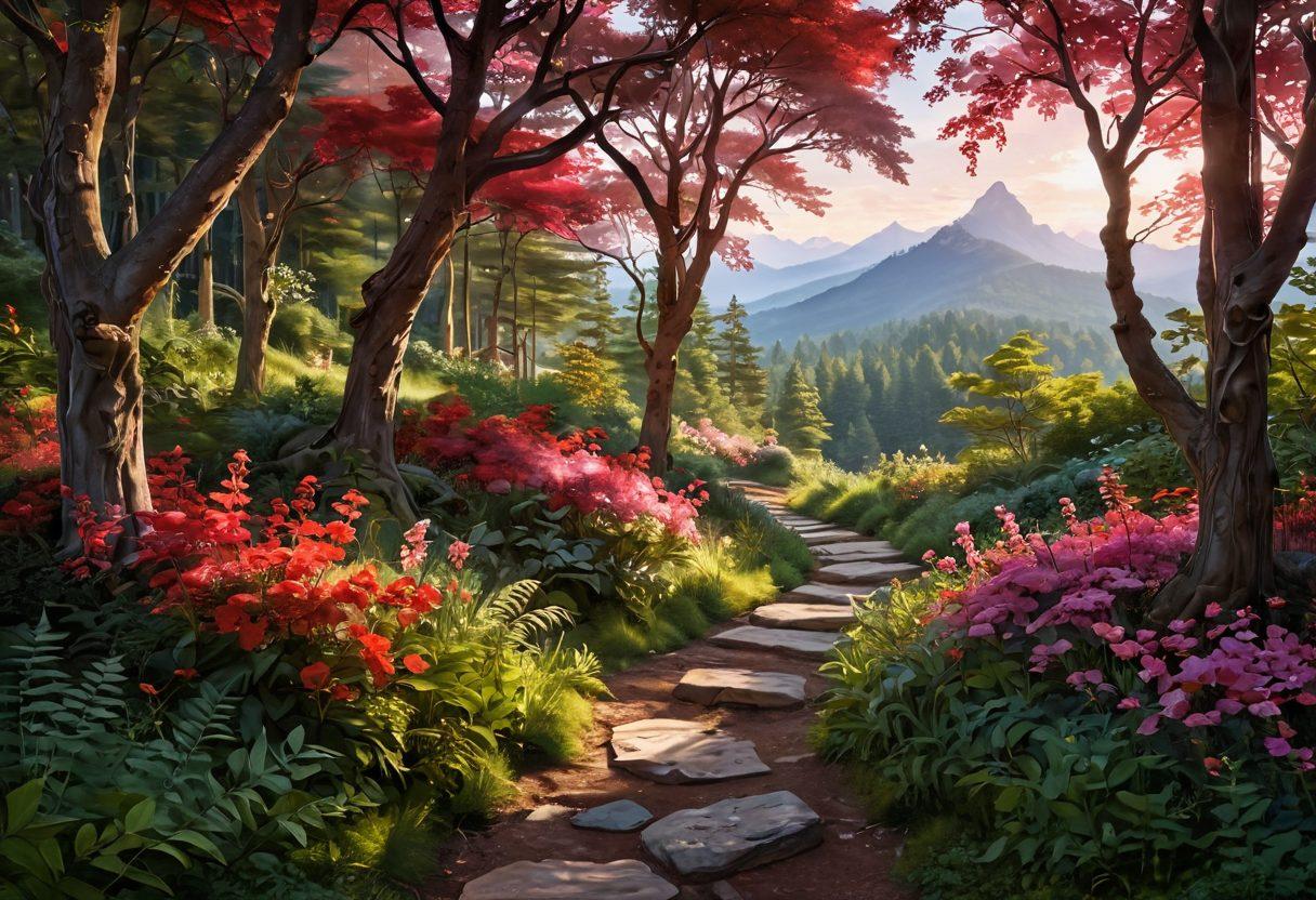 A winding path through a lush, enchanted forest, illuminated by warm, soft sunlight filtering through the trees. Along the path, vibrant flowers bloom in shades of red and pink, symbolizing love and passion. Silhouettes of couples holding hands can be seen in the distance, embodying devotion and connection. The background features distant mountains to represent the journey of love. super-realistic. vibrant colors.